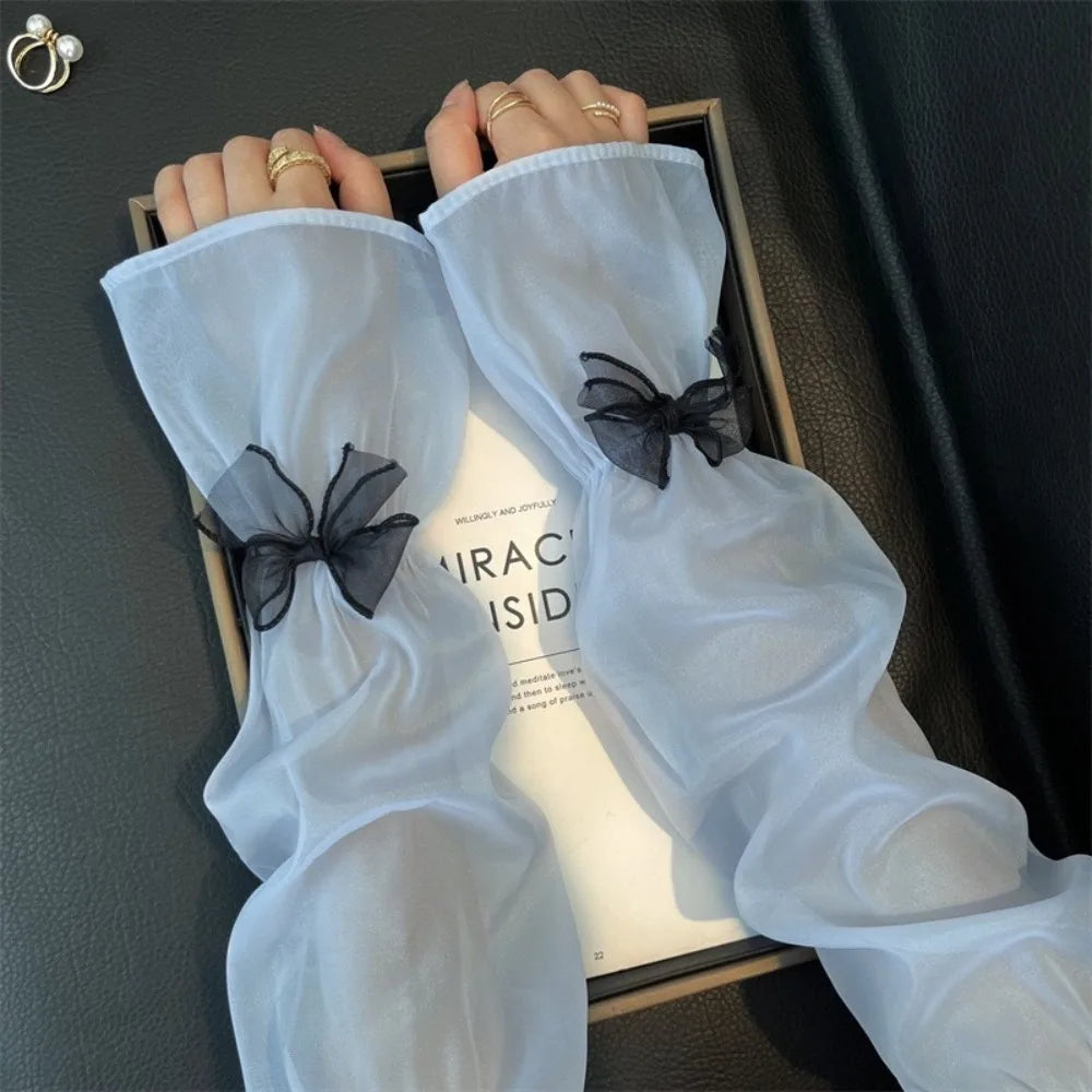 Ice Silk Women's Sun Protection Sleeves Bow Decor Loose Fit Arm Sleeve UV Protection Fairy Style Ice Sleeves Summer Outdoor Oasis Select Blue