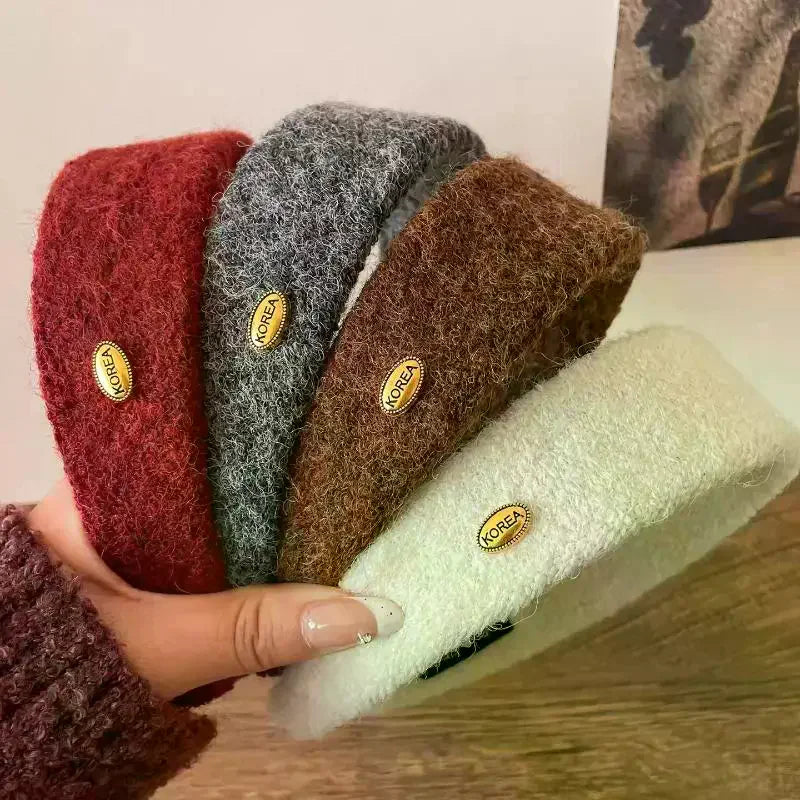 Korean Fuzzy Headband – Soft Plush Hairband with Gold Logo