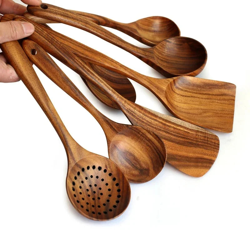 7pcs/set Teak Natural Wood Tableware Spoon Ladle Turner Rice Colander Soup Skimmer Cooking Spoon Scoop Kitchen Reusable Tool Kit Oasis Select