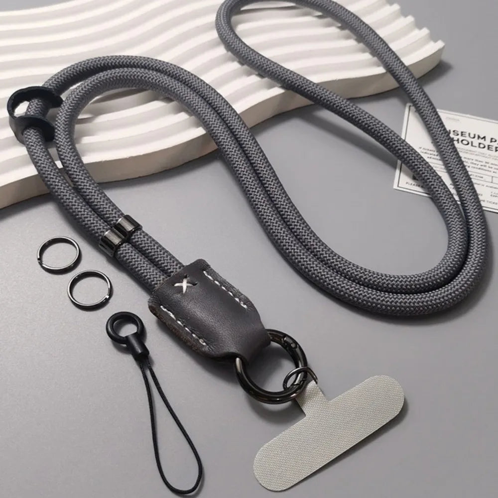 New Nylon Diagonal Mobile Phone Rope Pu Leather Head Braided Long Anti-drop Mobile Phone Rope Clip Mobile Phone Case Rope Oasis Select Dark Grey