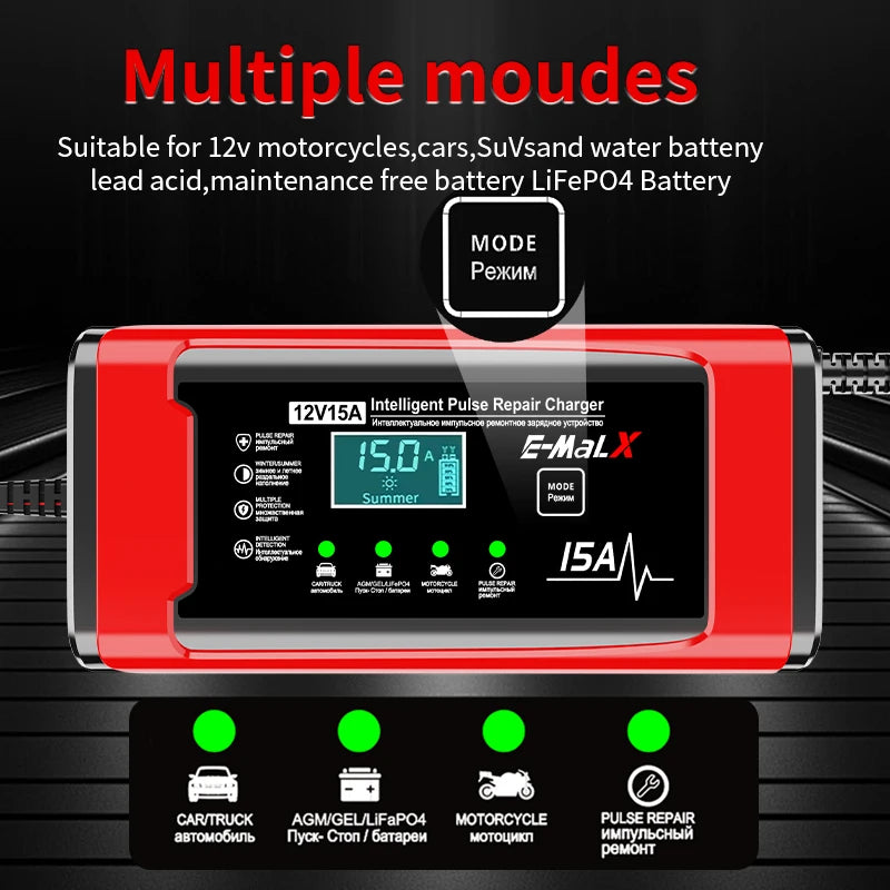 12V 15A Smart Pulse Repair Charger 14.6V Lifepo4 Battery Charger Digital Display Battery Charger For Lead Acid AGM GEL Battery Oasis Select