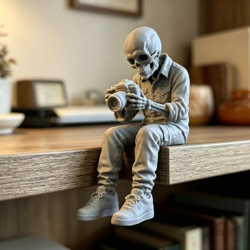 Spooky Skeleton Photographer Mini Figurines Sitting Ornaments Decorations for Desktop Bookshelves Gothic Home Photographer Gifts Oasis Select