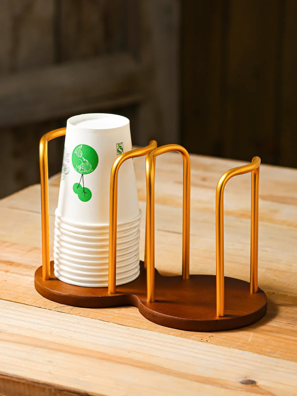 Bamboo & Aluminum Desktop Cup Holder for Coffee & Tea
