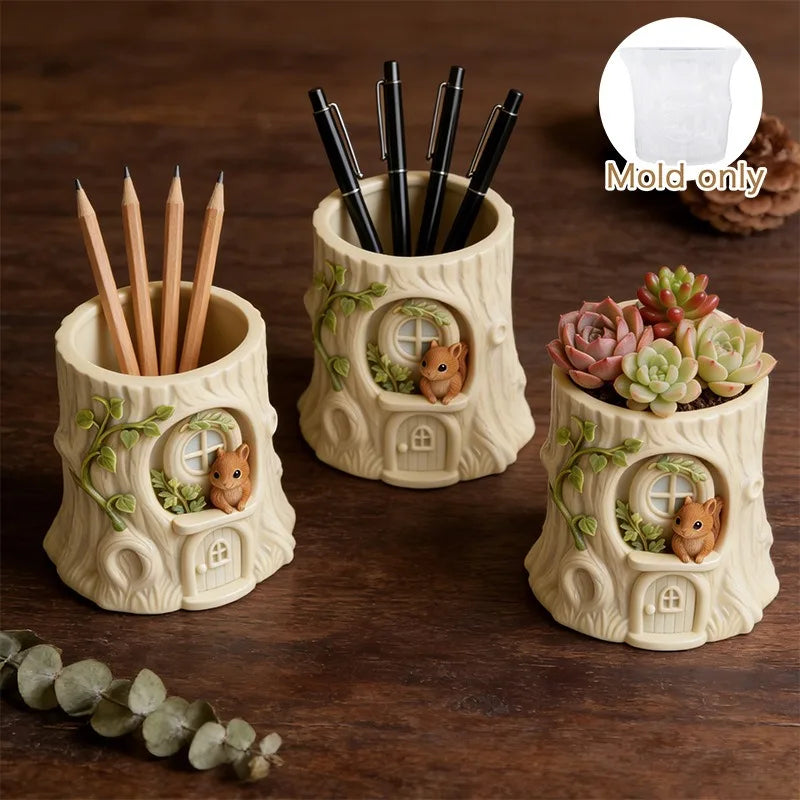 Fairy Tale Tree Stump Squirrel Planter Silicone Mold DIY Cement Resin Succulent Pot Desktop Decor Garden Ornament Oasis Select