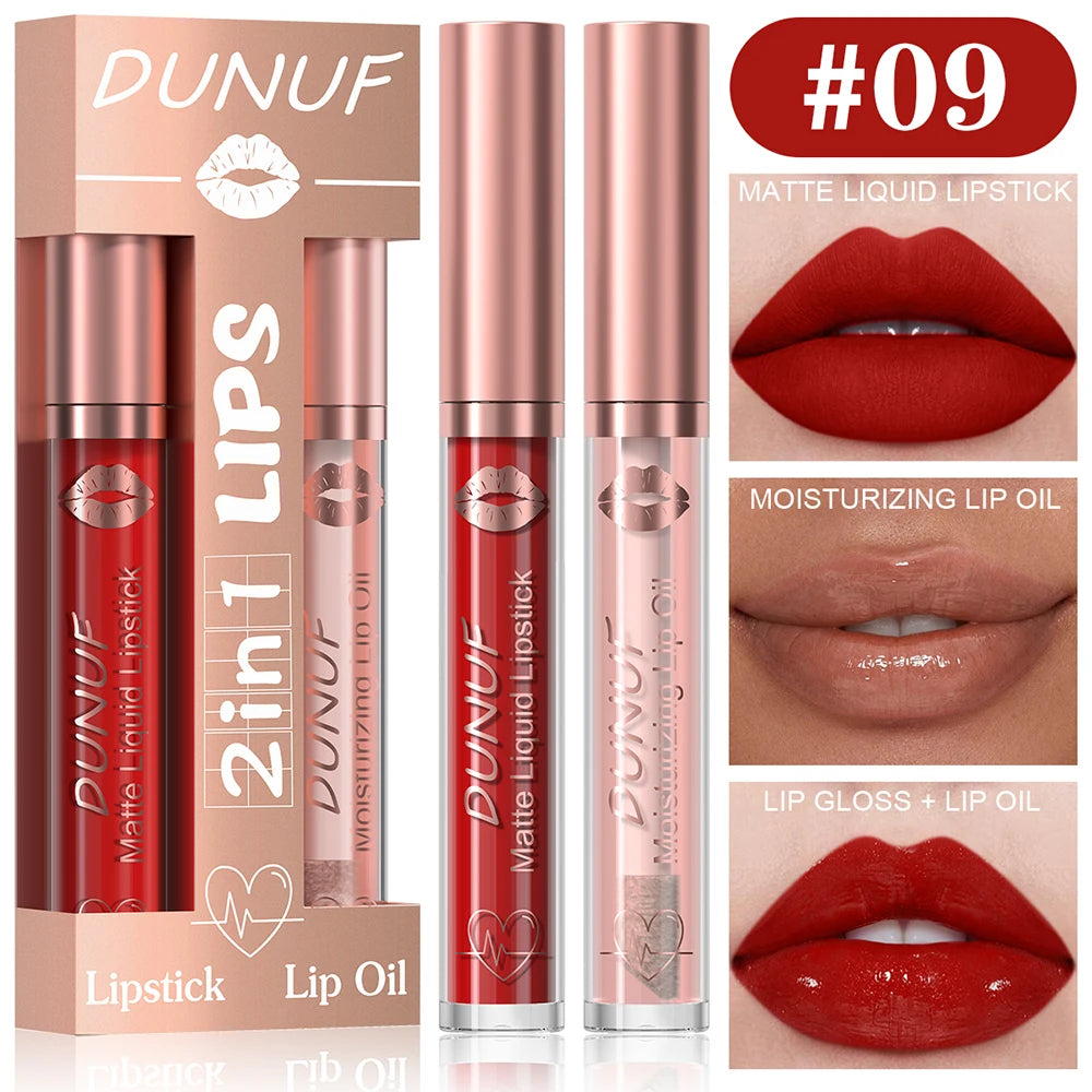 DUNUF Lip Gloss And Lip Oil Set 2-Piece Long-Lasting Waterproof Matte Moisturizing Non-Fading Lipstick Collection Oasis Select 09
