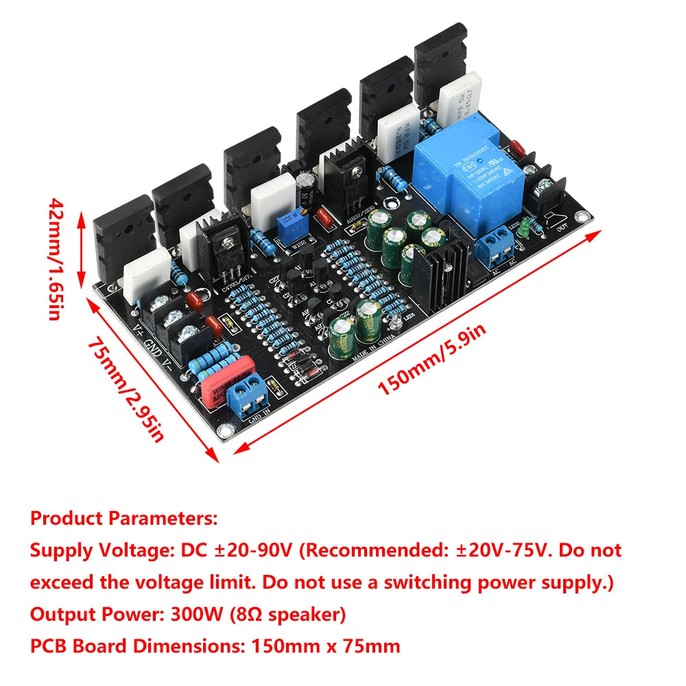 DC 20V-90V 300W Mono Power Amplifier 1943+5200 HIFI High-power Paired Tube Post Stage Audio Amplifier Board with Speaker Protect Oasis Select