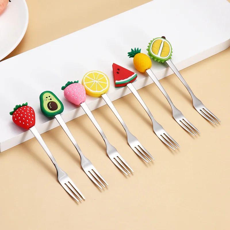 7Pcs Stainless Steel Fruit Shaped Coffee Spoons Fruit Dessert Spoon Fork Candy Tea Spoon Drink Tableware Kitchen Supplies Oasis Select 7Pcs-Fork