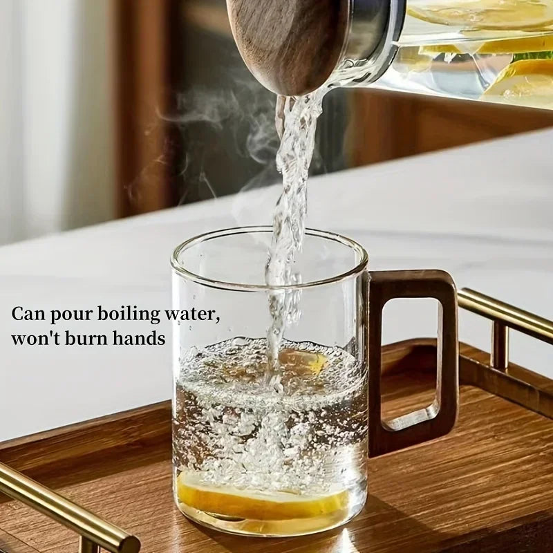 1/2pcs 400ml Glass Cups with Walnut Handle Household Heat-resistant Mug Large Capacity Tea Making Cup Office Drinking Glasses Oasis Select