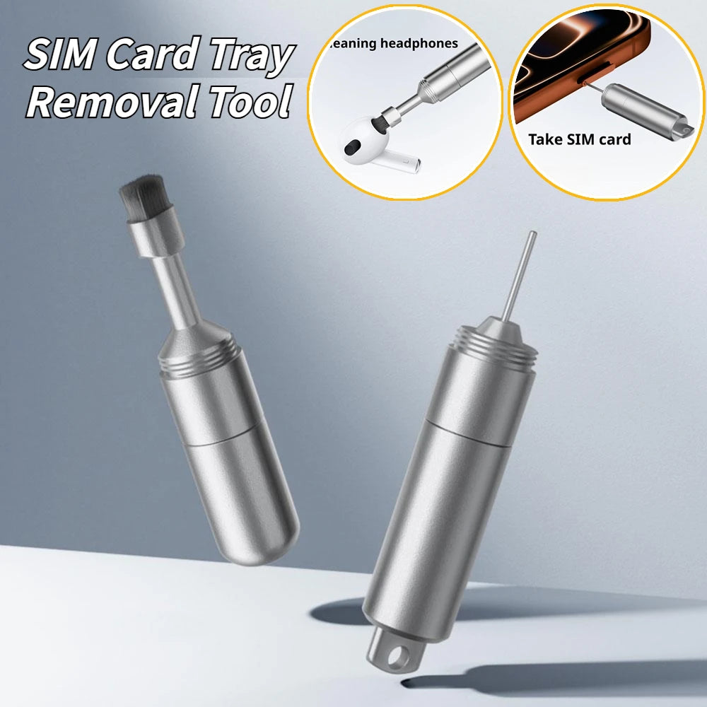 2-in-1 Aluminum Alloy SIM Card Eject Pin Keychain, Portable SIM Tray Removal Tool with Earbuds Cleaning Brush for All Smartphone Oasis Select