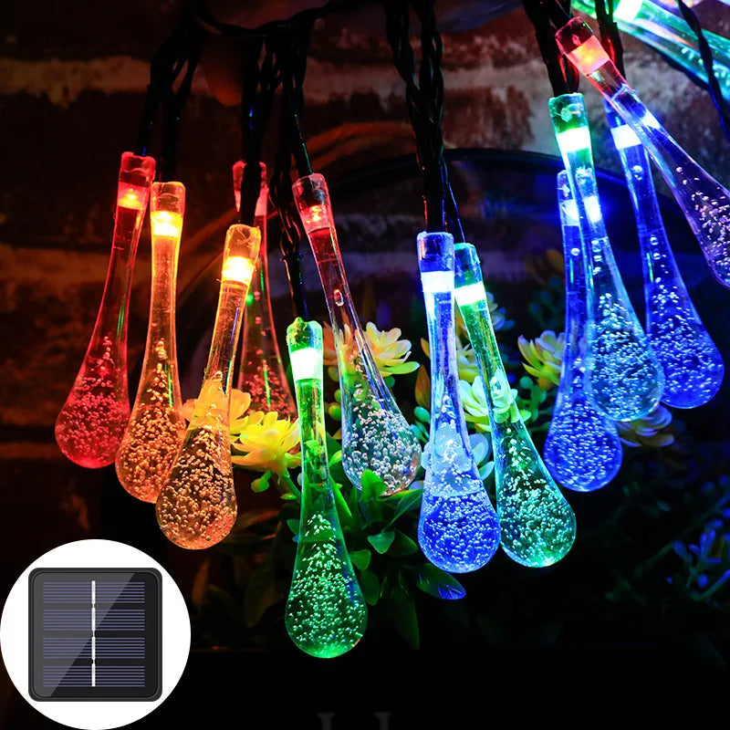 LED Solar Camping Outdoor Waterproof Colored Light String, Christmas Light String, Balcony Garden Courtyard Decorative Light Oasis Select Water droplets color 7 meters 50 light