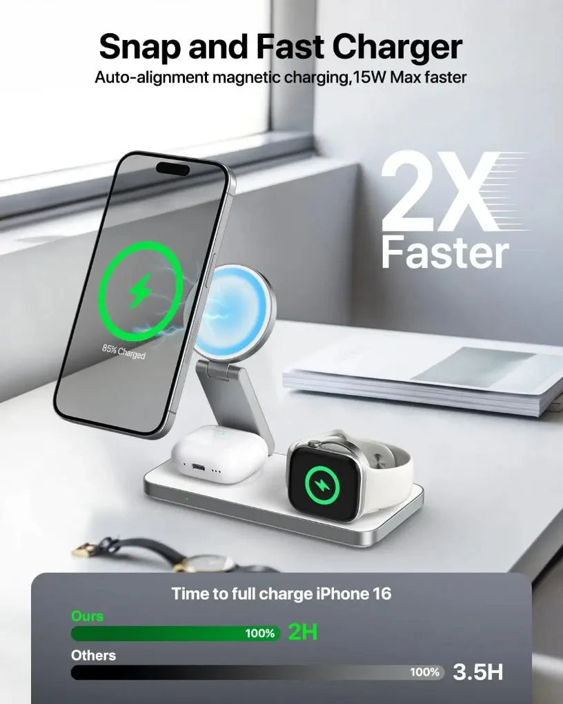 3 in 1 Foldable Wireless Charger 15W Magnetic Charging Station For MagSafe iPhone 17 16 15 14 13 12 Pro Max Apple Watch AirPods Oasis Select
