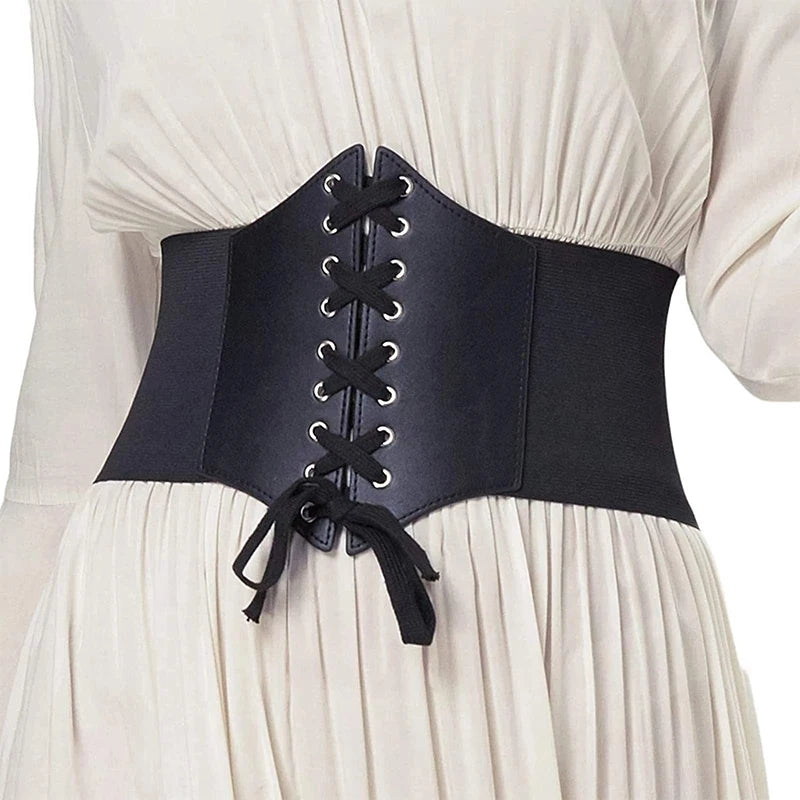 New High Elastic Lace-up Corset Women Black Retro Punk PU Slimming Wide Belt For Womens Fashion Gothic High Waisted Belt Oasis Select