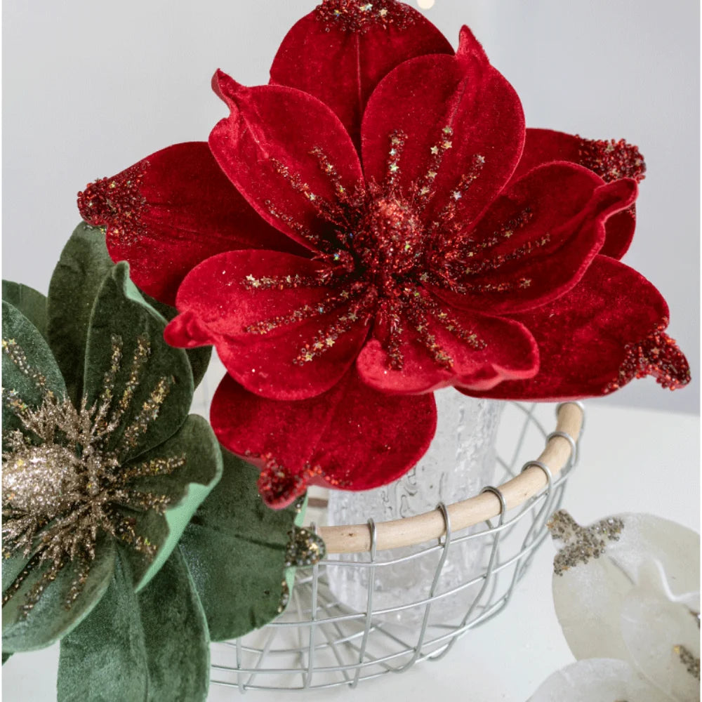 Christmas Artificial Poinsettia Glitter Flower Sequin Flannel Fake Flowers Photography Props Wedding Party Decoration Oasis Select