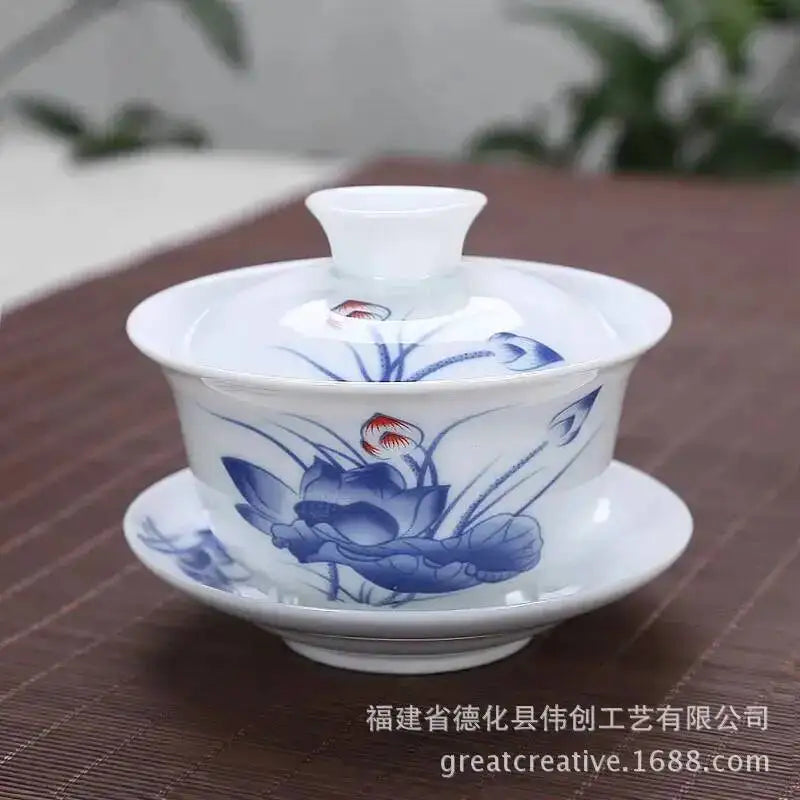 3.8-inch White Porcelain Big Cover Bowl Ceramic Tea Sancai Cover Bowl Blue And White Tea Bowl Oasis Select Dewdrop Lotus