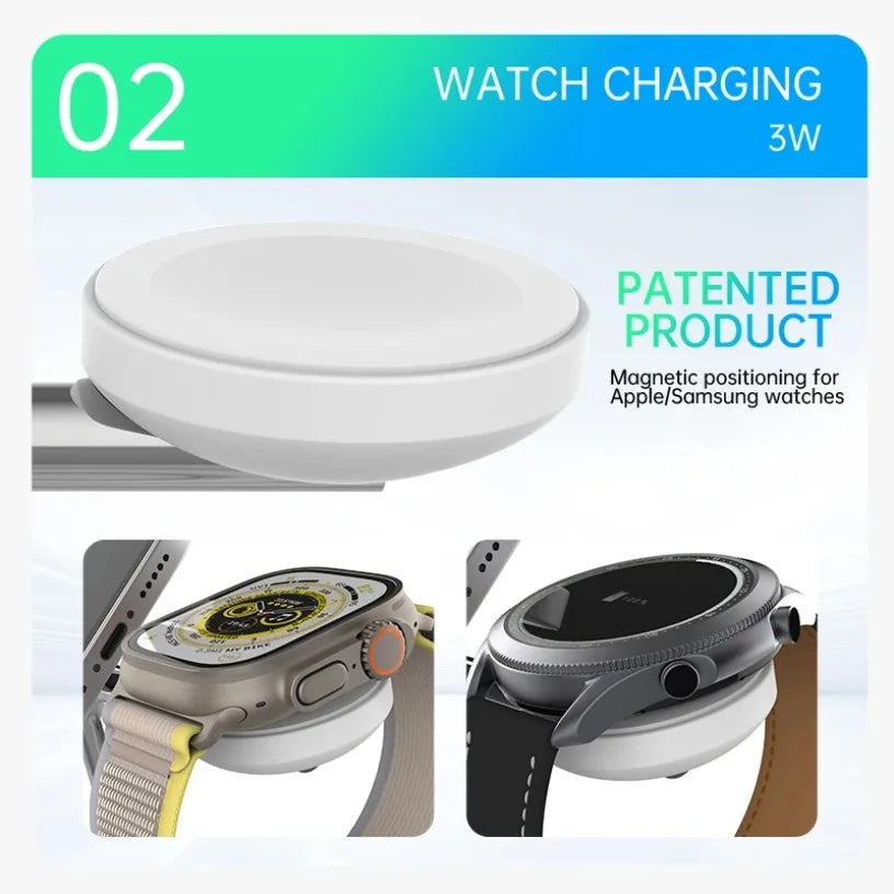 QI2 Wireless Charging Station for Apple / Samsung 3 in 1 Charger Stand Dock for iPhone 12-16 AirPods Apple Watch 10 9 8 7 6 5 Oasis Select