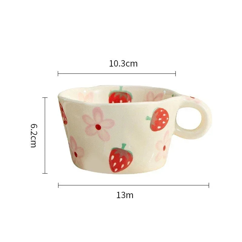 300ML Ceramic Mugs Hand Pinched Irregular Mug Hand-painted Strawberry Flower Coffee Cup Breakfast Milk Afternoon Tea Cup Gift Oasis Select Strawberry 300ML