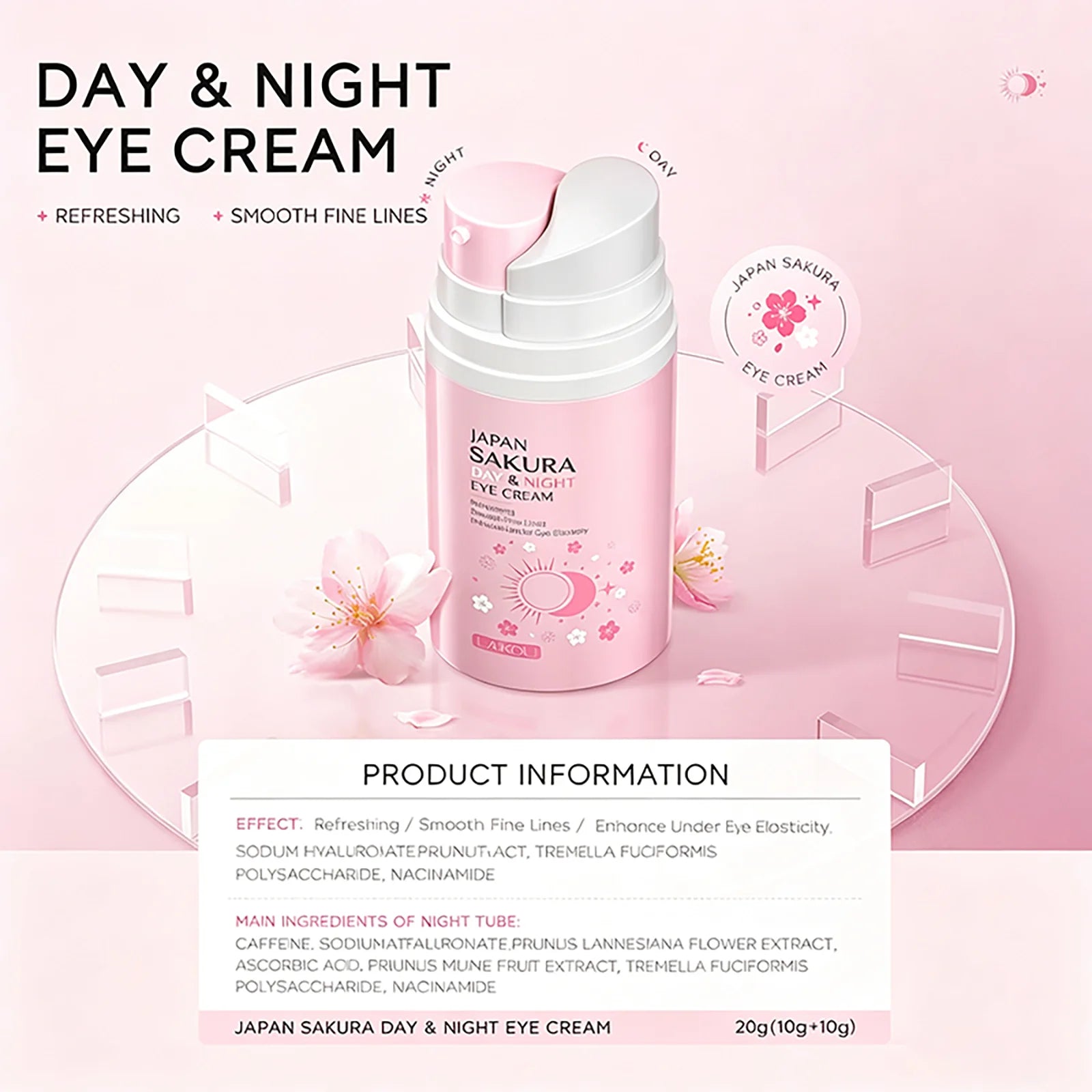 LAIKOU Japan Sakura Day Night Eye Cream Sakura Extract Refreshing Hydrating Smooth Fine Lines Improve Under Eye Elasticity Oasis Select