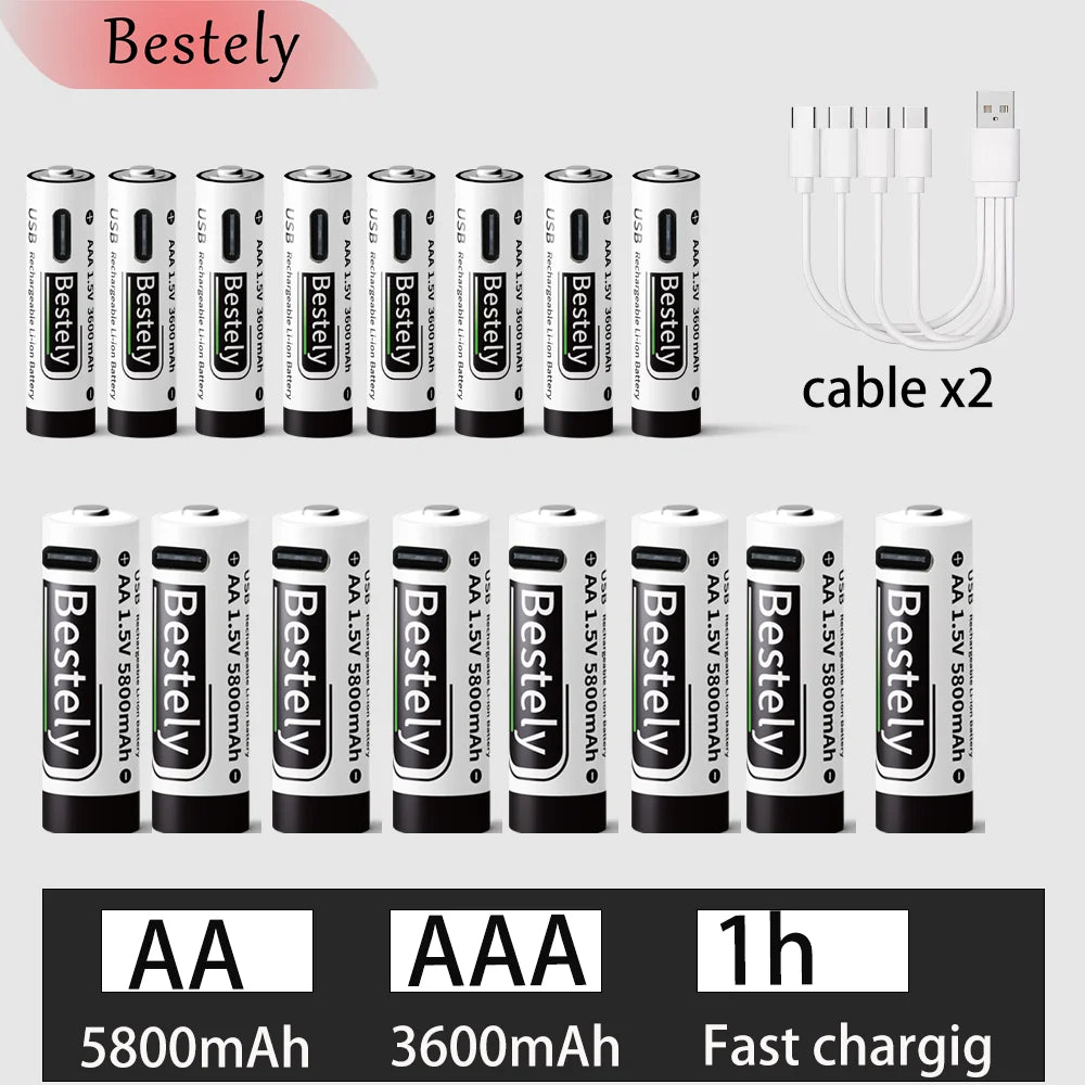 New 1.5V AA 5800mAh+AAA 3600mAh Lithium rechargeable Battery,USB Fast Charging Li-ion Battery , 2000 Cycles with USB- C Cable Oasis Select 8AA 8AAA