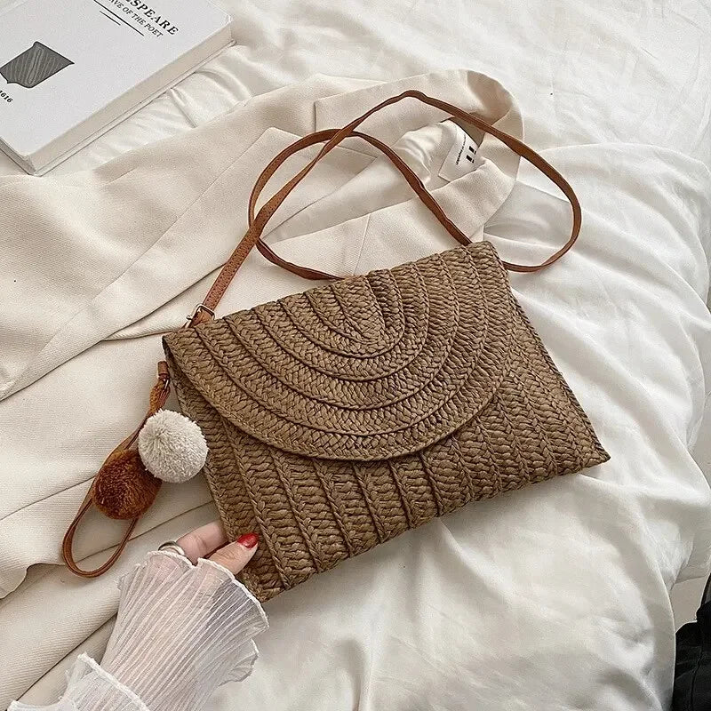 Handmade Straw Beach Shoulder Crossbody Bag Girls Envelope Woven Summer Small Hair Ball Cluth Oasis Select deep brown