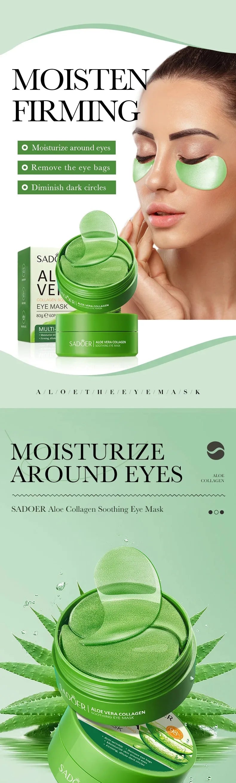 60pcs Aloe Vera Collagen Eye Mask Anti Dark Circles Eyes Bags Moisturizing Anti-Wrinkles Eye Patches Eyes Skin Care Products Oasis Select