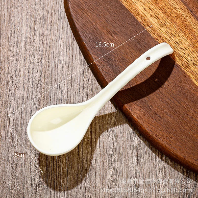 Japanese Underglaze Ceramic Soup Spoon, Everyday Ceramic Soup Spoon Ramen Long-handled Curved Spoon Tableware Oasis Select Beige