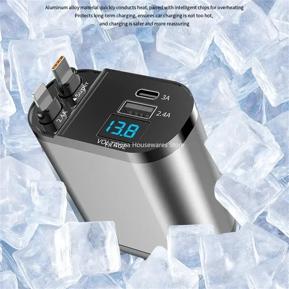 4 in 1 120W Car Charger Retractable Car Cigarette Lighter Adapter USB Type C Fast Charger Cable For IPhone Xiaomi Huawei Samsung Oasis Select