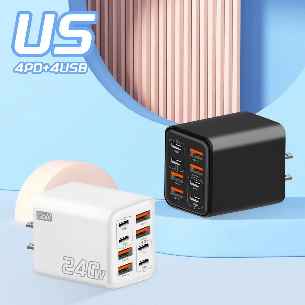 240W 8-Port GaN USB-C PD Wall Charger – Travel Adapter US EU UK