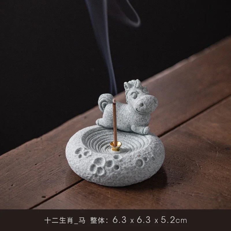 Blue Sand Stone Twelve Zodiac Tea Ceremony Decoration Aromatherapy Chinese Stove Incense Holder Lovely Table Decoration Oasis Select horse