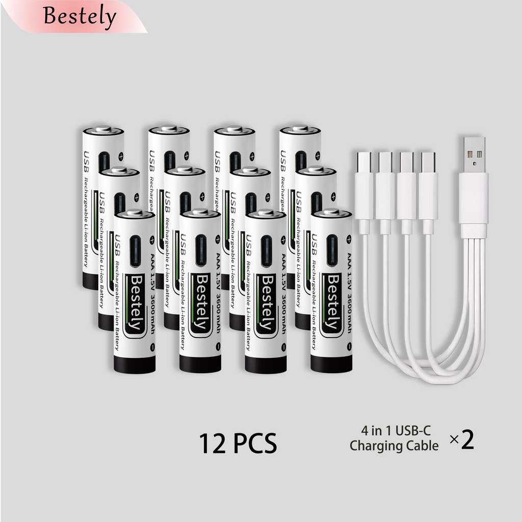 New USB-C 1.5v AAA 3600mAh Rechargeable Lithium ion Battery,Rechargeable AAA Li-ion Type-C Battery,2000 times cycle with Cable Oasis Select 12 pcs Batteries