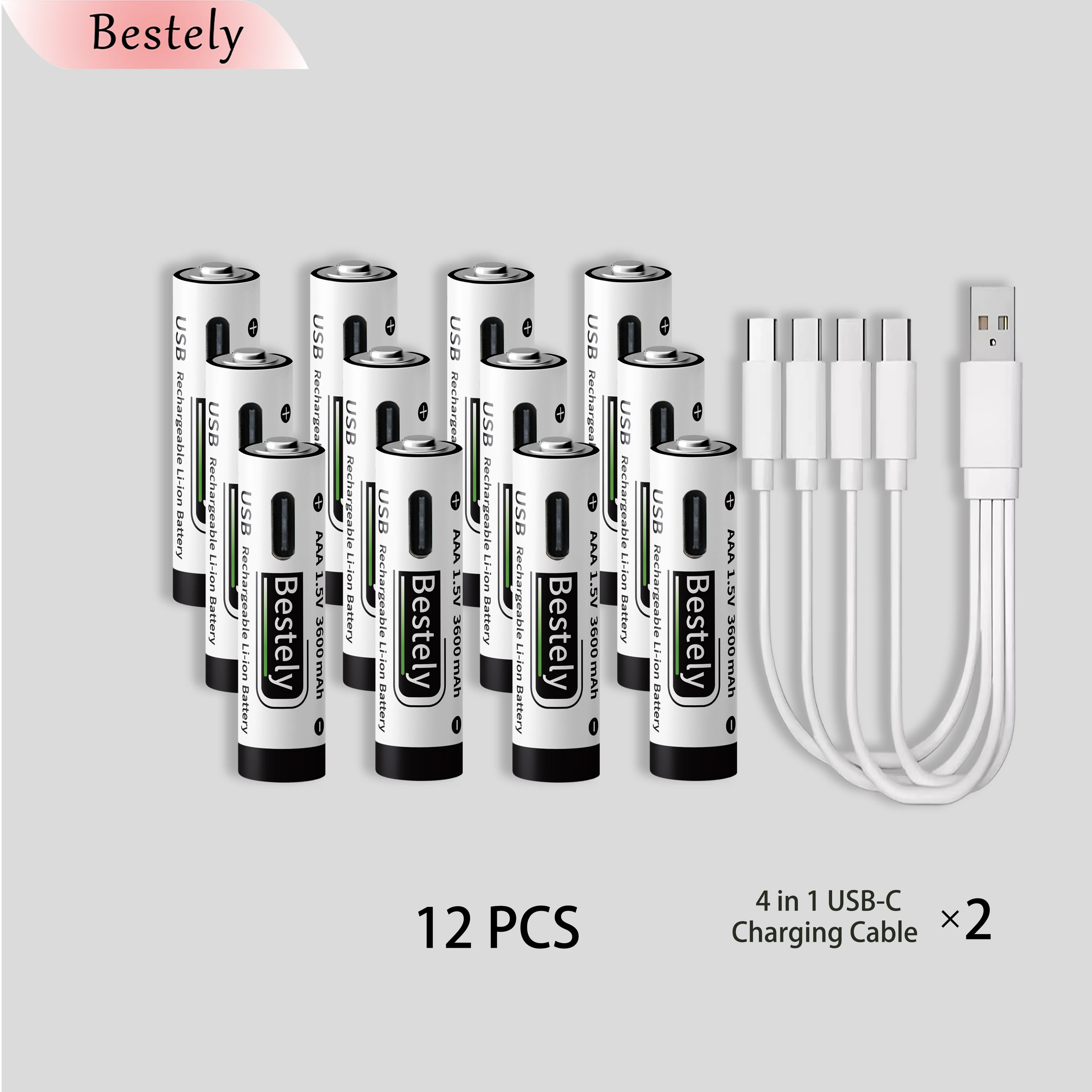 New USB-C 1.5v AAA 3600mAh Rechargeable Lithium ion Battery,Rechargeable AAA Li-ion Type-C Battery,2000 times cycle with Cable Oasis Select 12 pcs Batteries