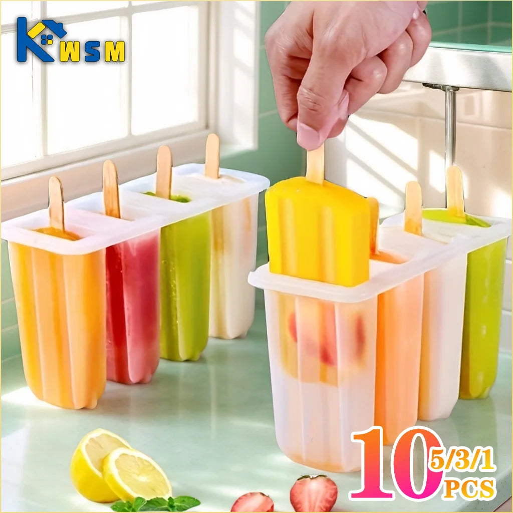 1-10PCS 4 Compartment Ice Cream Molds with Lid DIY Popsicle Maker Box Reusable Frozen Treat Mold for Kids Summer Kitchen Tool Oasis Select