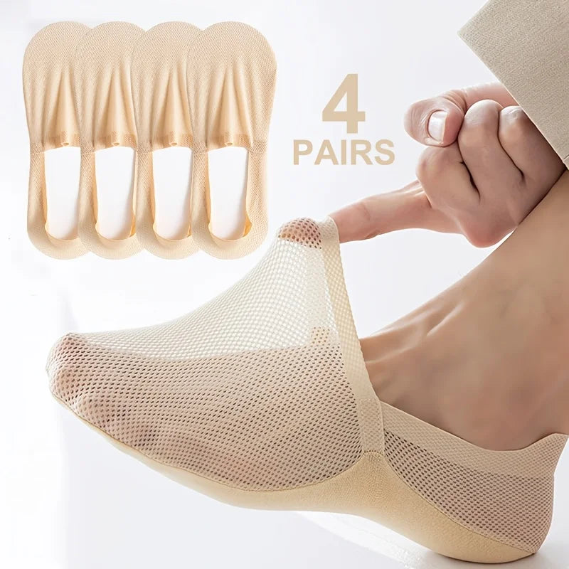 4 Pairs Women'S Apricot Color Invisible Socks | Summer Thin Low-Cut Non-Slip Anti-Slip Mesh Breathable Ice Fiber Fabric Casual Oasis Select 4PAIRS One Size