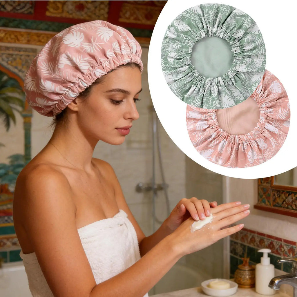 1PC Double Layer Shower Caps Printed Bonnet, Waterproof Bath Caps Reusable Shower Caps Hair Hat For Women Ladies Home Spa Salon Oasis Select