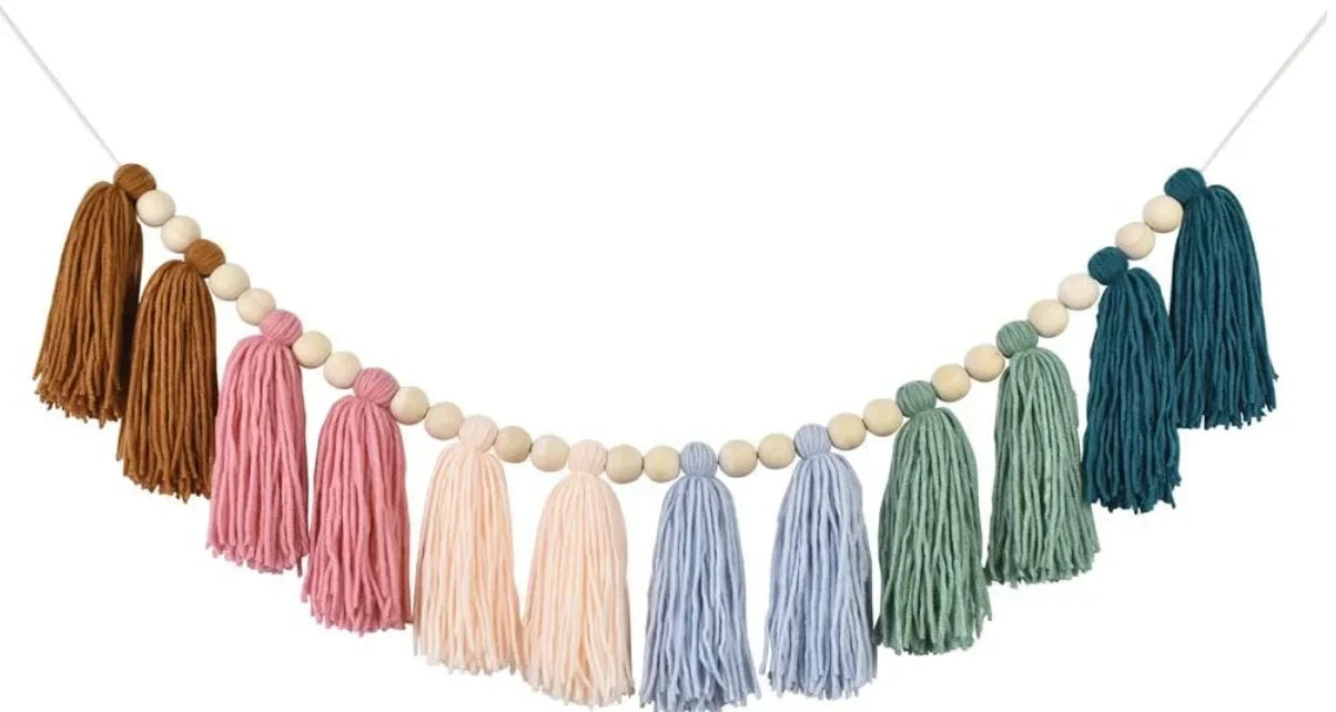 Rainbow Tassel Garland Colorful Pom Garland Wood Bead Easter Spring Girls Bedroom Wall Party Birthday Baby Shower Decor Oasis Select 04