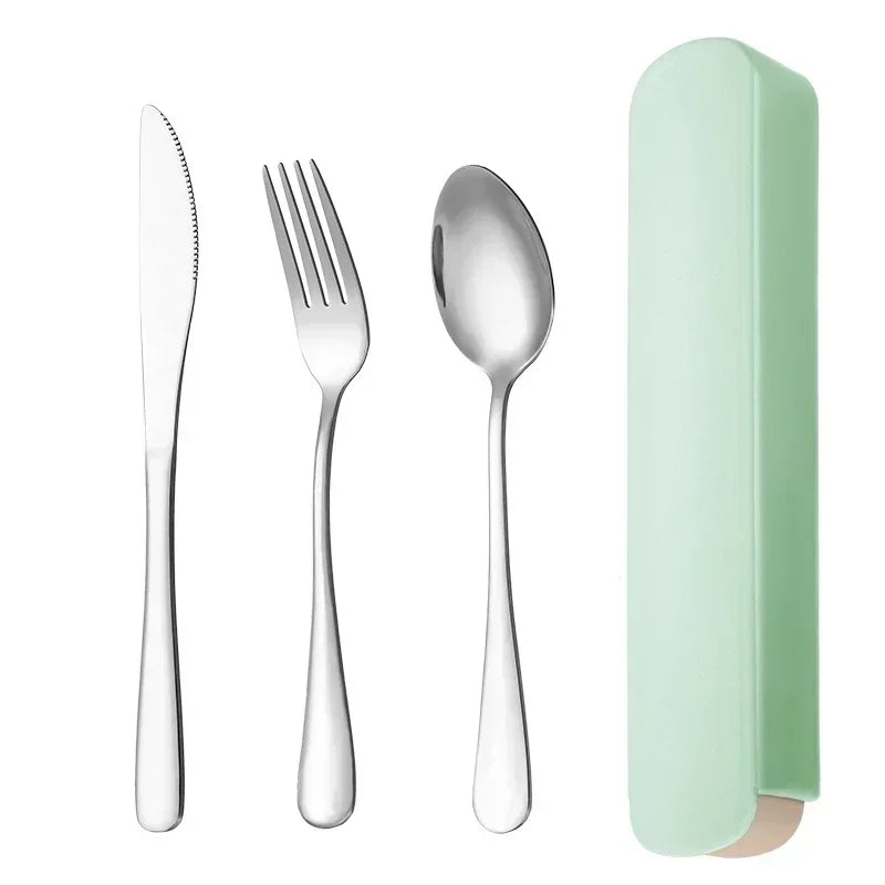 3/4pcs Portable Stainless Steel Cutlery Suit with Storage Box Chopstick Fork Spoon Knife Travel Tableware Set Camping Cutlery Oasis Select Green A