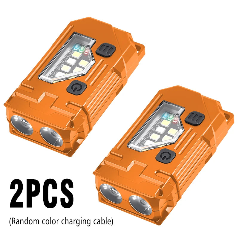 Mini Keychain EDC Flashlight Rechargeable Magnetic Torch Super Bright Pocket LED Torch Pen Clip Headlamp Outdoor Fishing Lamp Oasis Select Orange-2PCS