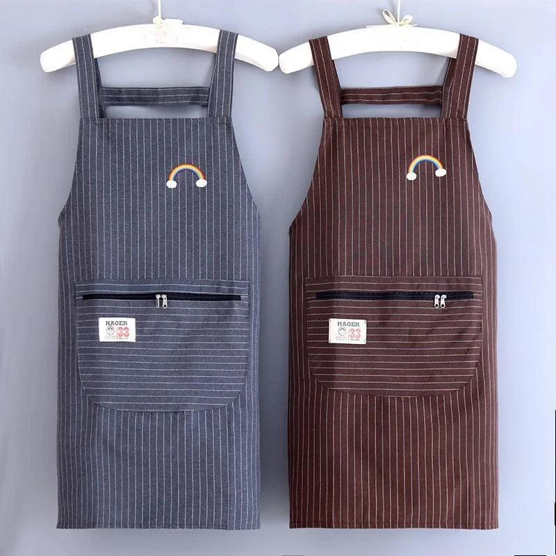 Kitchen Oil Resistant Aprons Striped Zippered Cotton Apron With Straps Breathable Apron Women's Dirt Resistant Work Clothes Oasis Select