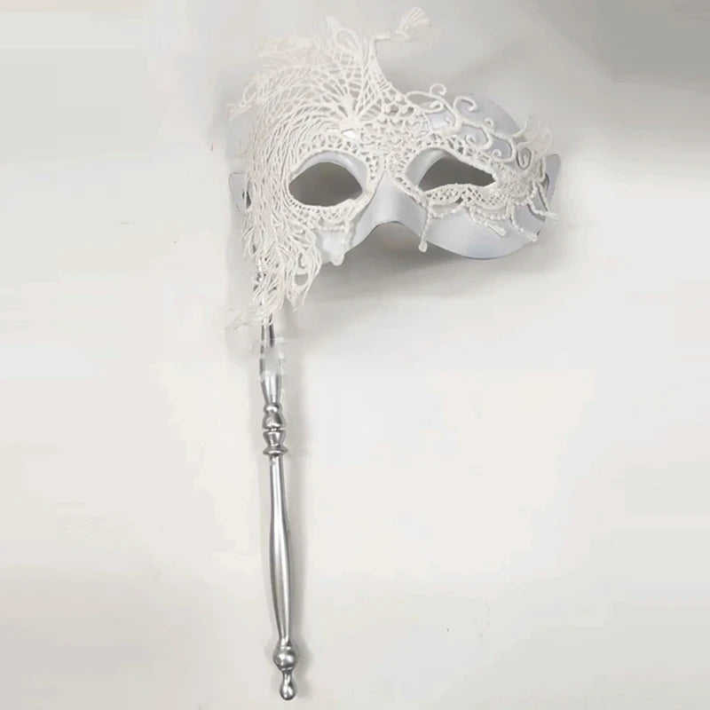 Venetian Masquerade Mask with Holding Stick for Women Feather Mardi Gras Masks Masquerade Ball Masks for Women Oasis Select White