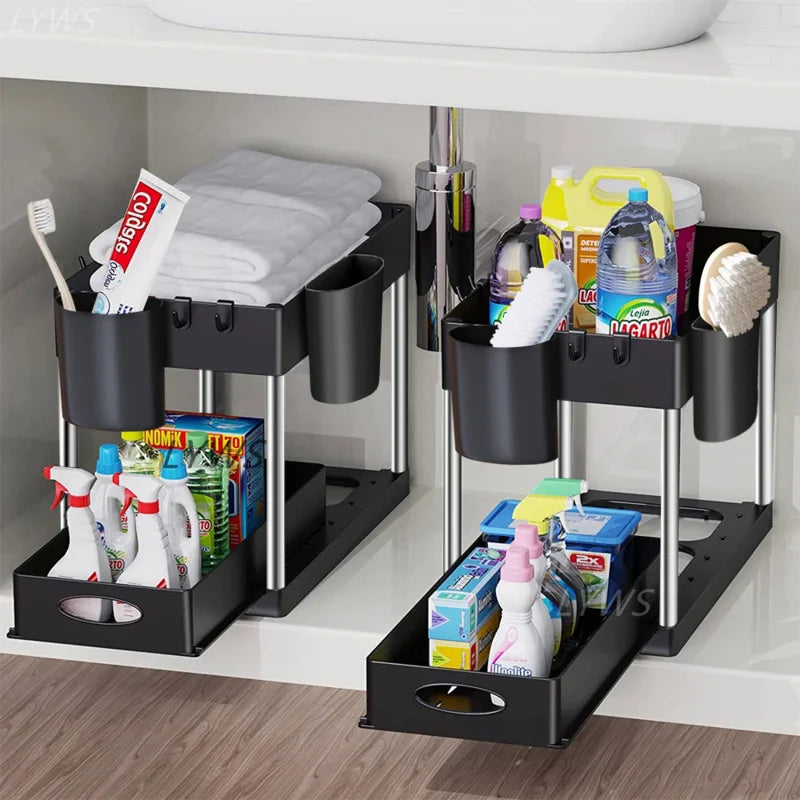 2 Tier Under Sink Organizer For Bathroom Kitchen Storage Sliding Drawer Pull Out Under Sink Cabinet Organizers Kitchen Organizer Oasis Select