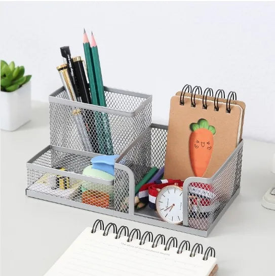 Mesh Desk Organizer Office Supplies Caddy with Pencil Holder and Storage Baskets for Desktop Accessories, 3 Compartments, Black Oasis Select 3 grids silvery