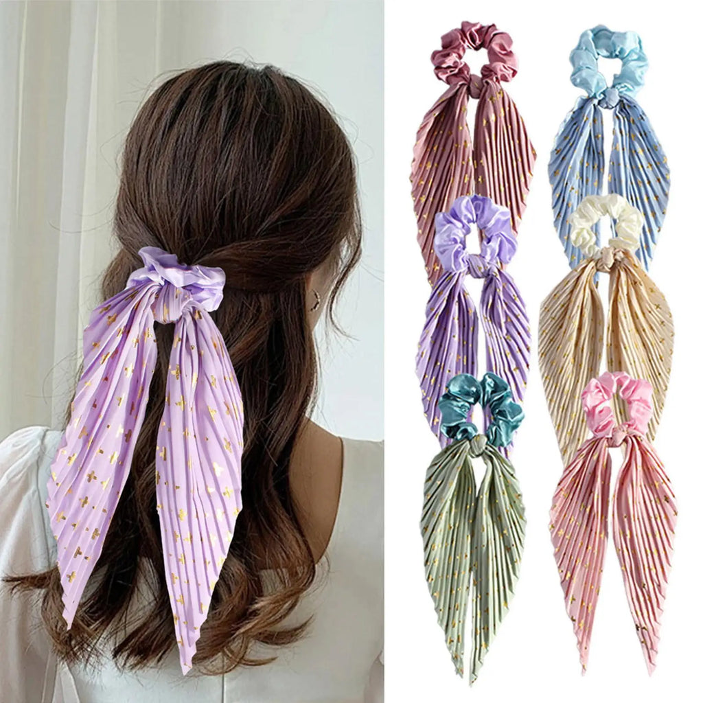 1PC Flower Print Bow Satin Long Ribbon Ponytail Scarf Tie Scrunchies Women Girls Elastic Bands French Headdres Hair Accessories Oasis Select