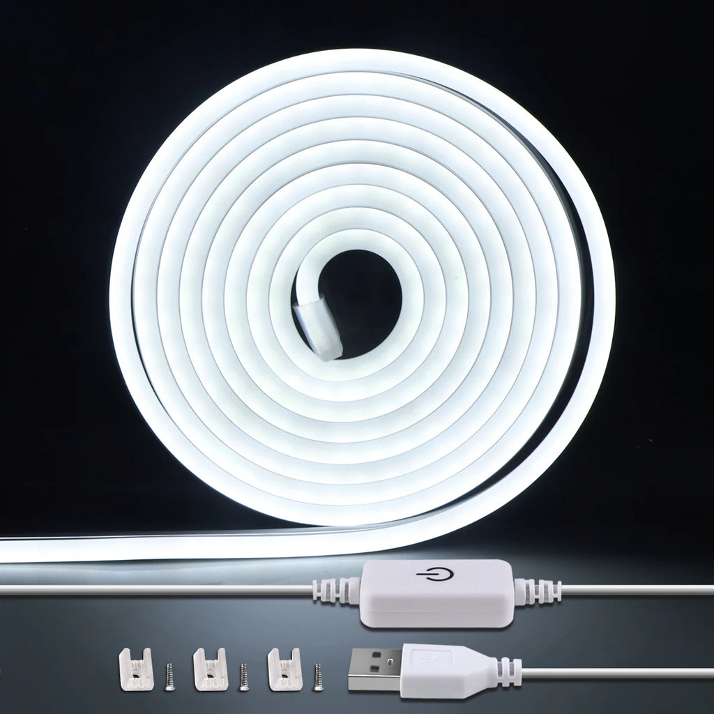 1m/2m/3m USB COB LED Strip 5V Neon Light Touch Sensor Swtich Dimmable Waterproof Flexible Tape for Kitchen Bedroom Cabinet Oasis Select White USB DC5V 3m