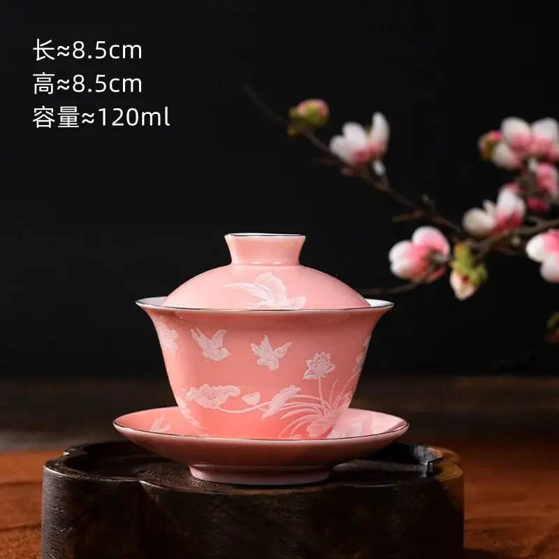 120ml Ceramic Small Mini Tea Cup Three Talents Tea Bowl Household Teacup Oasis Select the Bowl in Pink