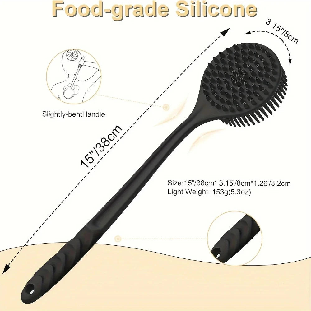 38cm Silicone Back Scrubber Brush for Shower Long Handle Body Deep Cleansing and Exfoliating Massage Double-Sided Soft Bristles Oasis Select