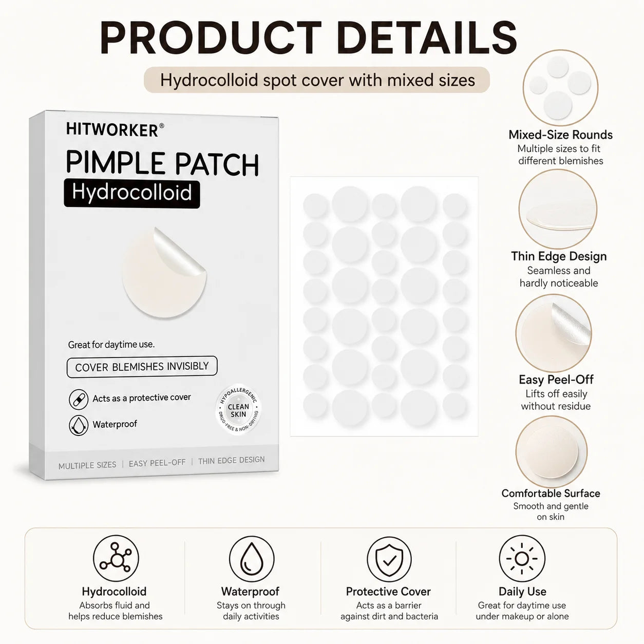 HITWORKER Hydrocolloid Pimple Patch Invisible Spot Cover, Mixed Sizes, Thin Edge, Easy Peel-Off, Waterproof for Day & Night Uses Oasis Select
