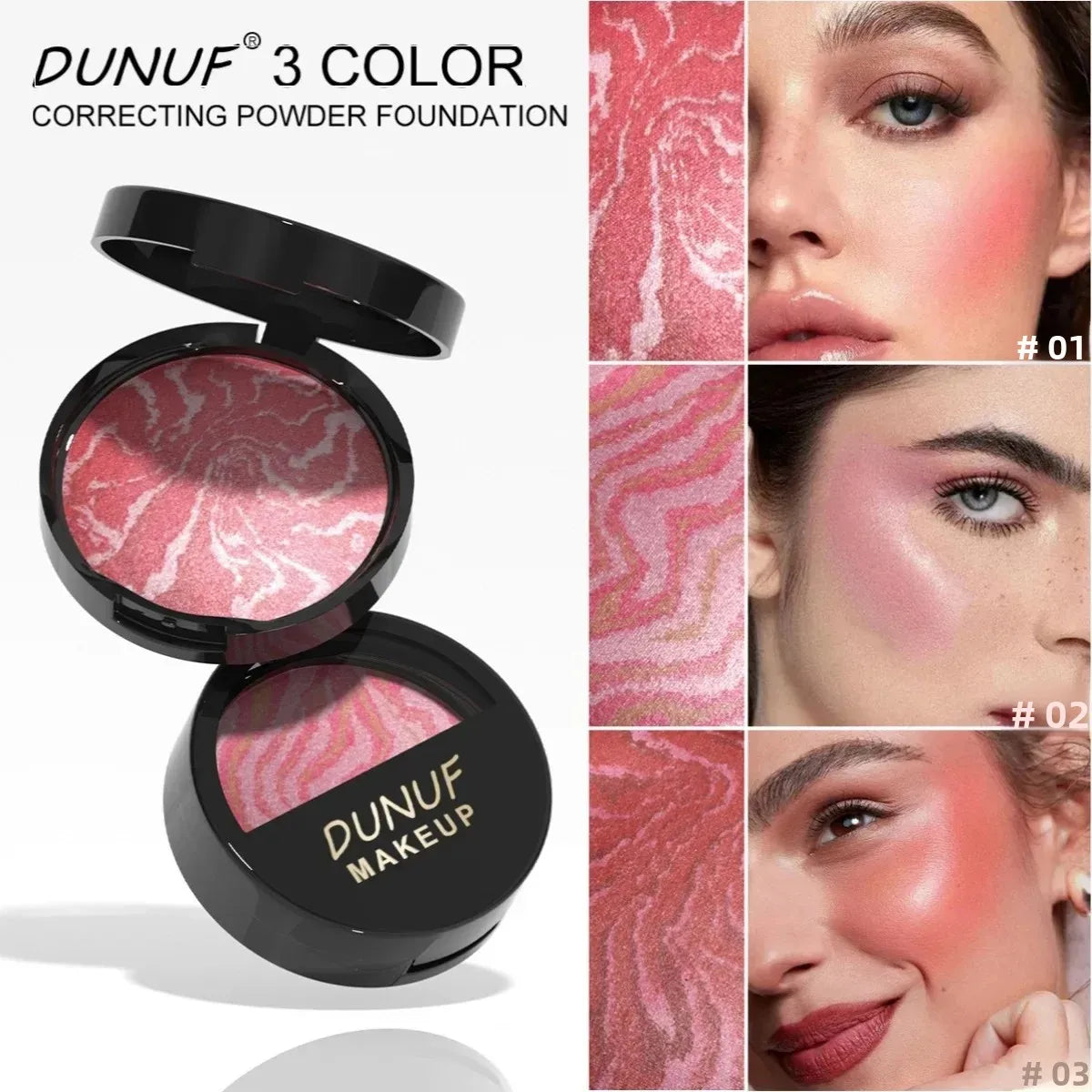 DUNUF 3-Tone Baked Blush Palette – Waterproof & Long-Lasting