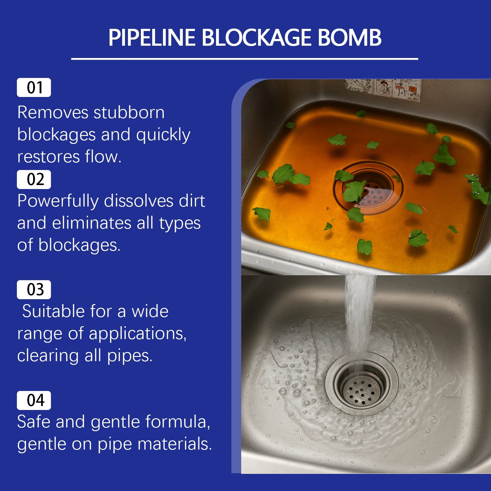 Pipeline Blockage Remover Cleaner for Bathroom Kitchen Clogs Dissolves Hair Soap Scum and Grease Household Cleaner Oasis Select