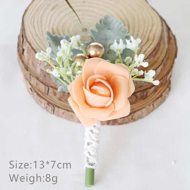 Boutonnieres Flowers Artificial White Roses Silk Ivory Corsage Buttonhole Groomsmen Boutonniere for Men Wedding Accessories Oasis Select Orange