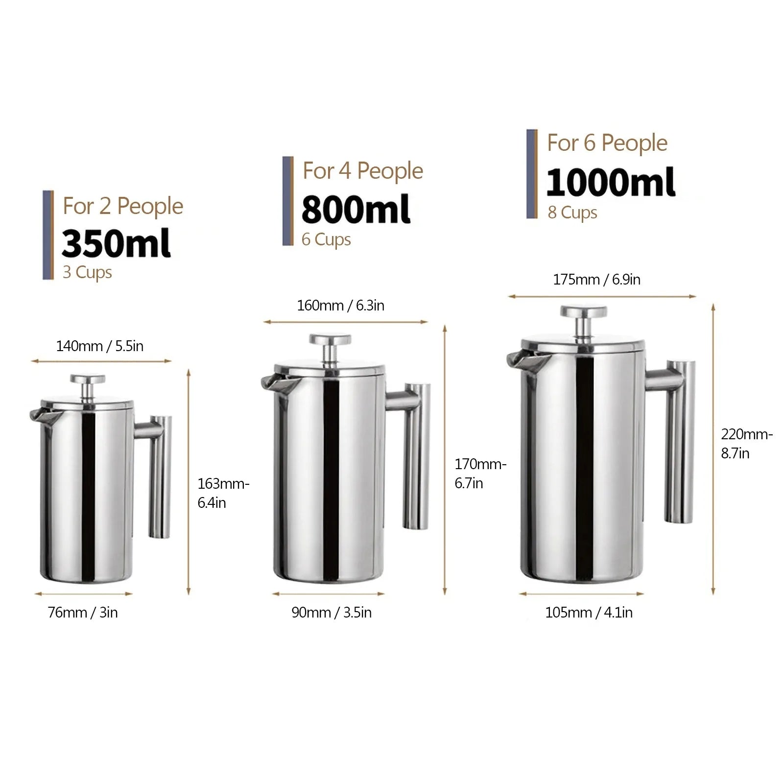 350ml/800ml/1000ml Coffee Maker Pot French Press Coffee Maker Stainless Steel Double Walled Insulated Coffee Maker Pot Oasis Select