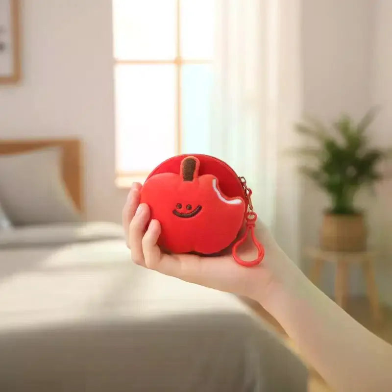 Cute Red Fruit Plush Coin Purse Mini Zipper Pouch With Keychain Cartoon Fruit Wallet For Earphones Coins Bag Charm Gift Oasis Select